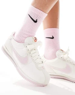 Nike Cortez Leather Trainers In Off-white And Pink For Women Light Pink